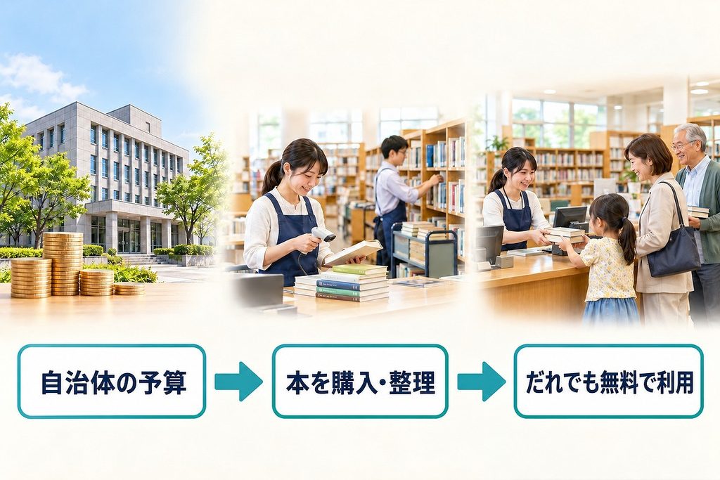 自治体の予算で本を購入・整理し、だれでも無料で利用できるまでを矢印で示した流れ