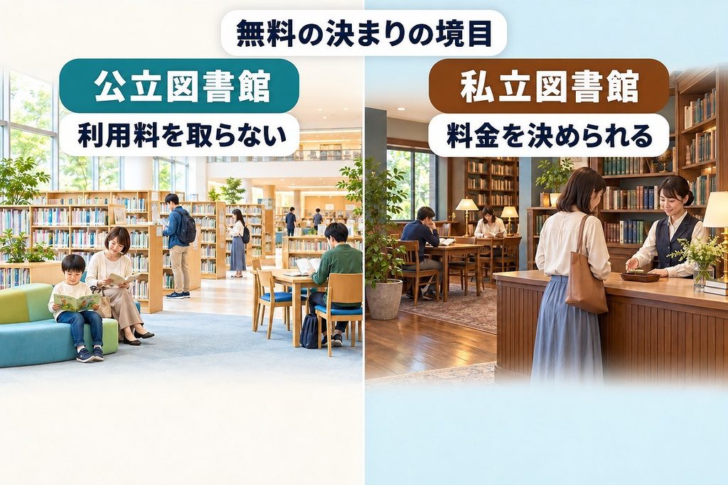 公立図書館は利用料を取らず、私立図書館は料金を決められる違いを左右で比較した様子