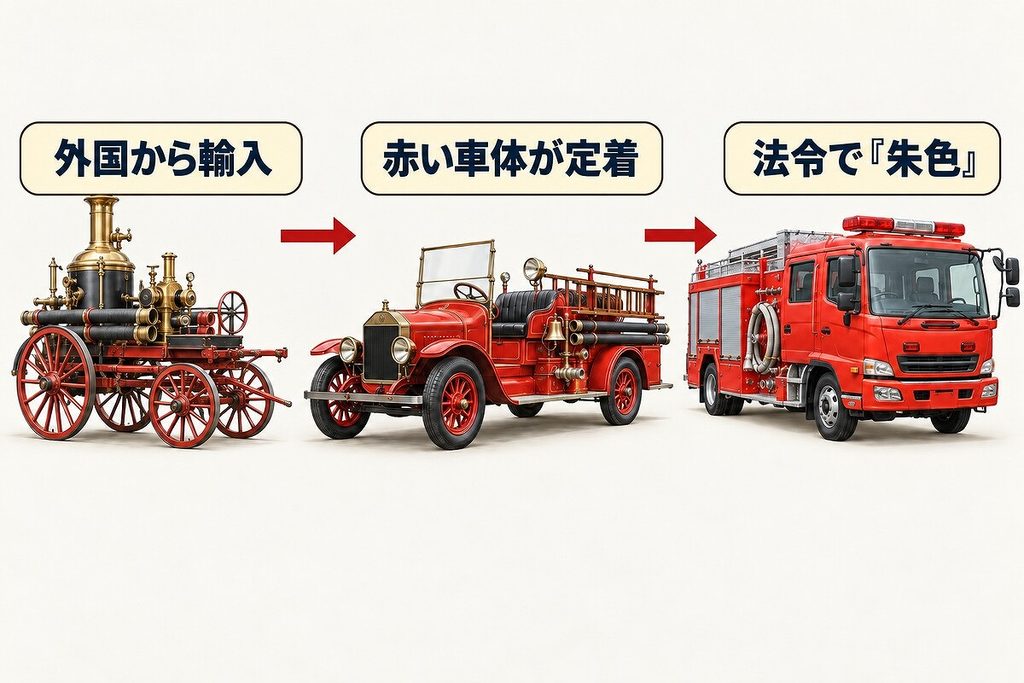 外国から来た赤い消防機器が受け継がれ、現在の朱色の消防車になるまでの流れ
