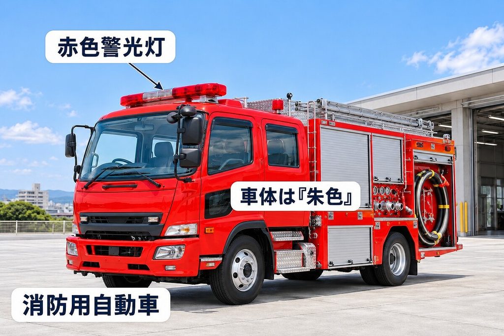 消防用自動車の朱色の車体と、屋根の赤色警光灯を別々のラベルで示した消防車