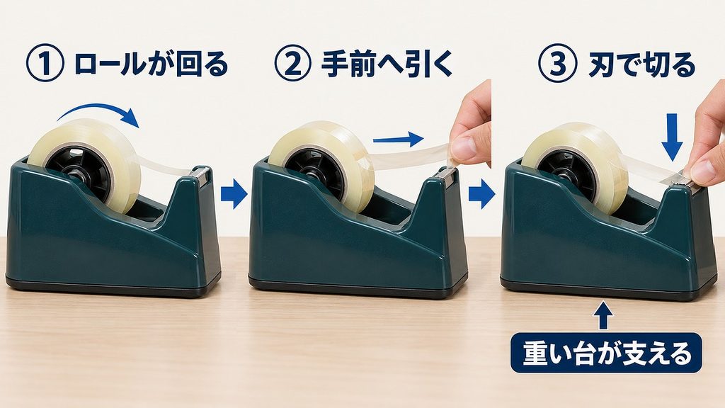 テープロールが回り、手前へ引いたテープを刃で切るまでを三段階で示した卓上テープカッター