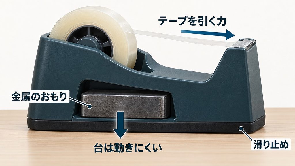 金属のおもりと底の滑り止めで、卓上テープカッターが机の上で動きにくくなる側面図