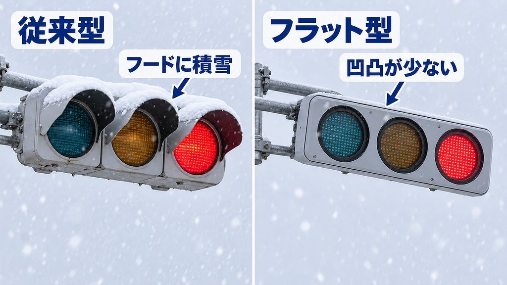 雪が積もるフード付きの従来型信号と、凹凸を減らした薄いフラット型信号の外観比較