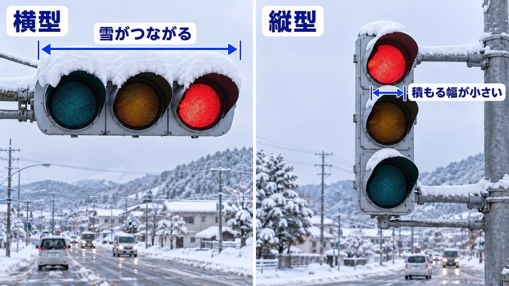 雪が横一列につながる横型信号と、雪を受ける幅を灯り一つ分に抑えた縦型信号の比較