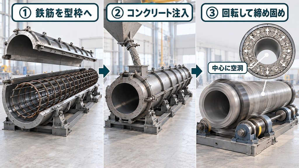 鉄筋を型枠へ入れ、コンクリートを注入し、回転させて中心に空洞を作る三段階の製造工程