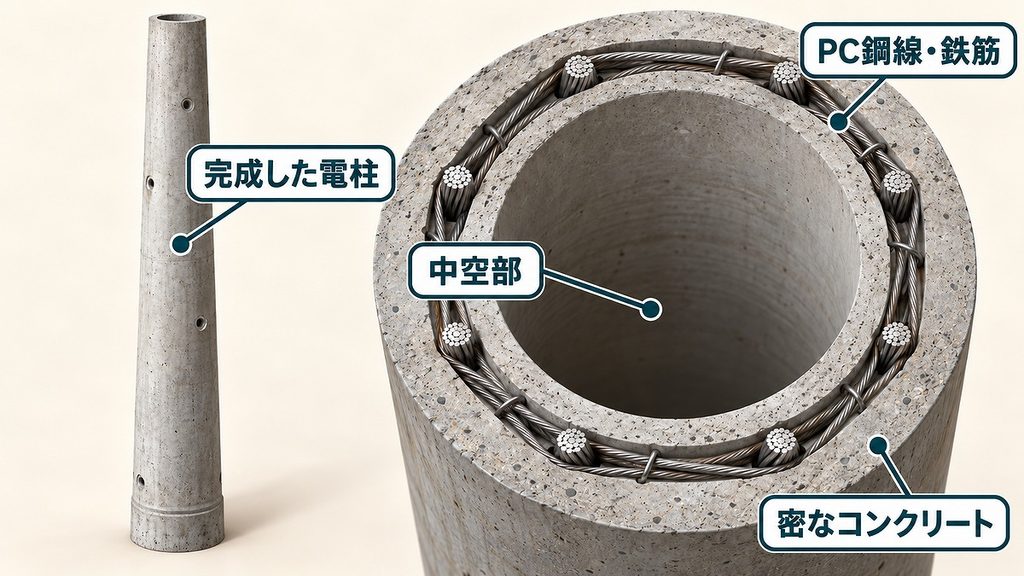 中空のコンクリート電柱を切り開き、外周の密なコンクリートとPC鋼線・鉄筋の位置を示した断面