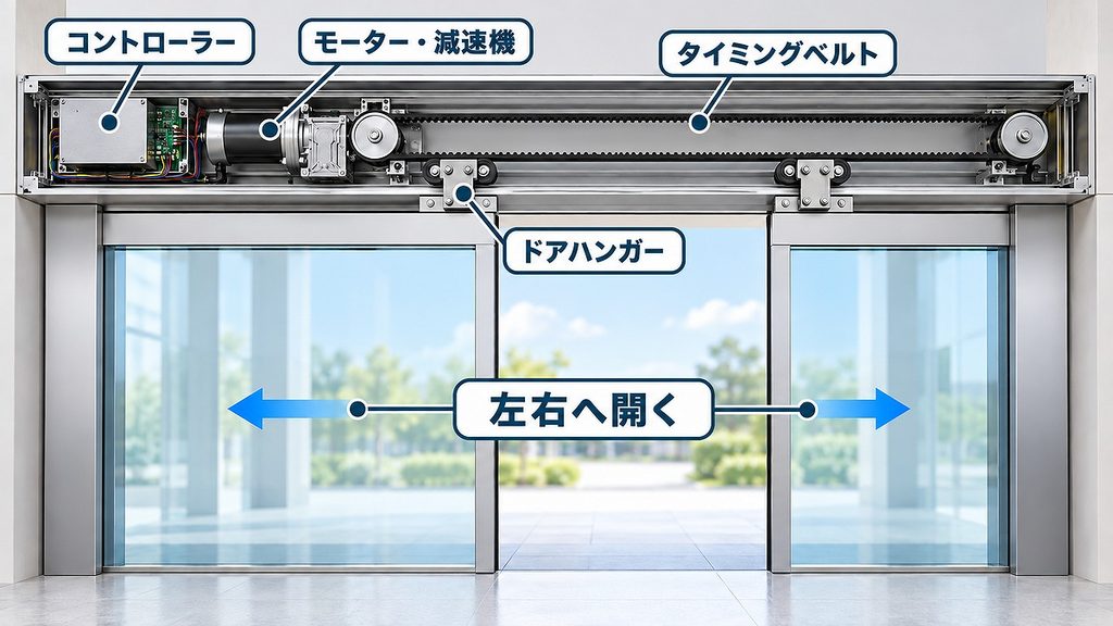 ントローラーからモーター、タイミングベルトへ動きが伝わり、二枚のガラス扉が左右へ開く機構