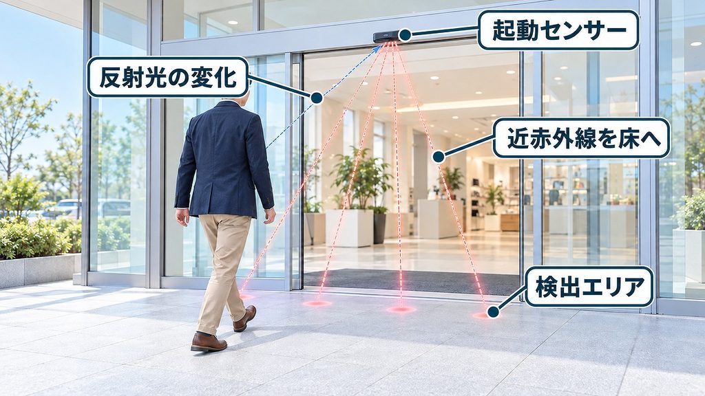 自動ドア上部のセンサーが床へ近赤外線を照射し、近づく人による反射光の変化を捉える様子