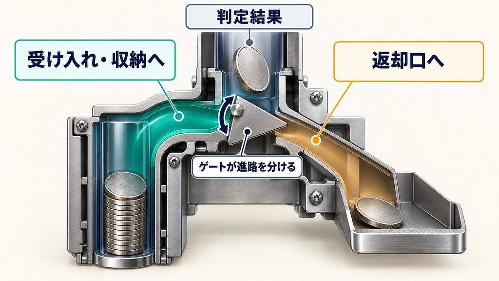 硬貨の判定後、中央のゲートが収納側と返却口側へ進路を分ける内部構造を示した図