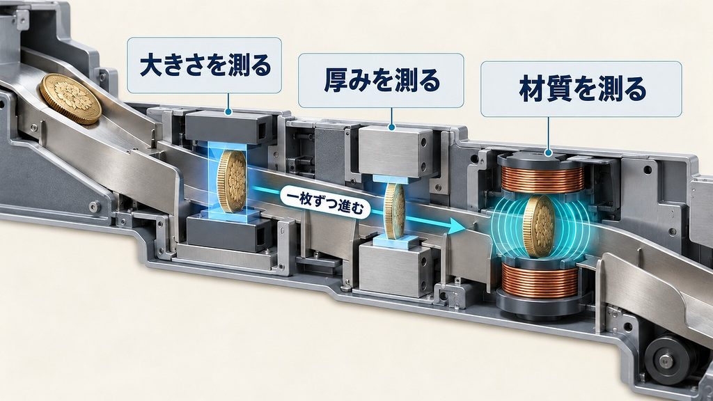 硬貨が通路を一枚ずつ進み、外径・厚み・材質を三段階で測られる仕組み