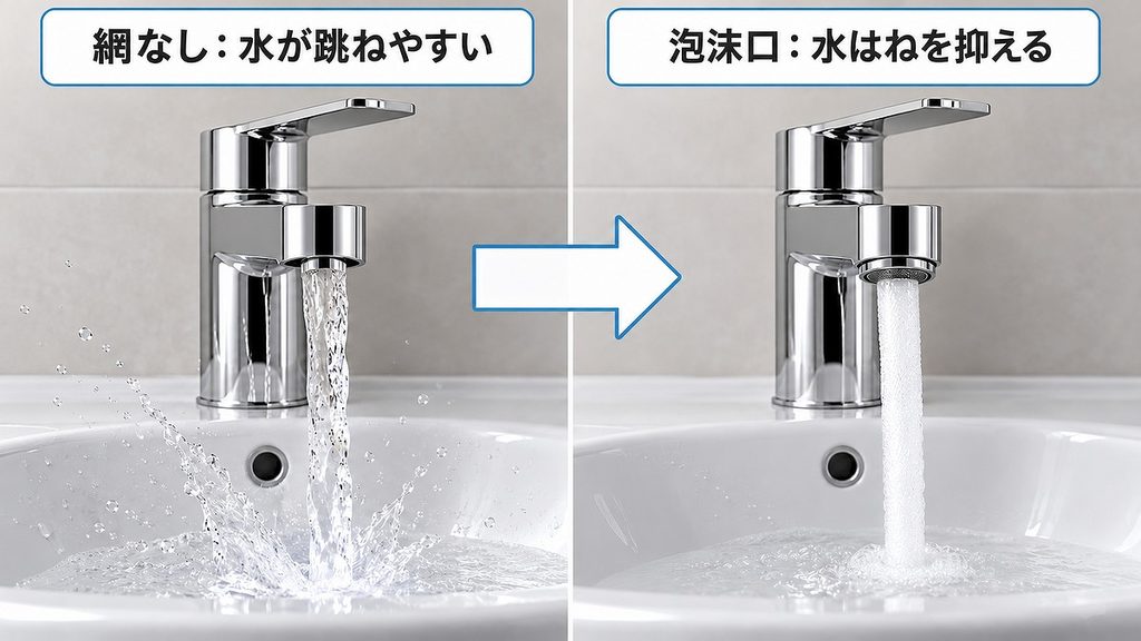 網なしで大きく水が跳ねる蛇口と、泡沫口で水はねを抑えた蛇口の比較