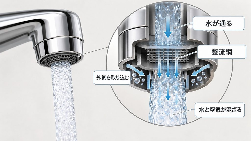 蛇口先端の内部で、水が整流網を通り、外気と混ざって下へ流れる仕組み
