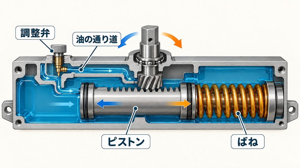ドアクローザー内部のばね、ピストン、調整弁と、油が細い通り道を流れる構造