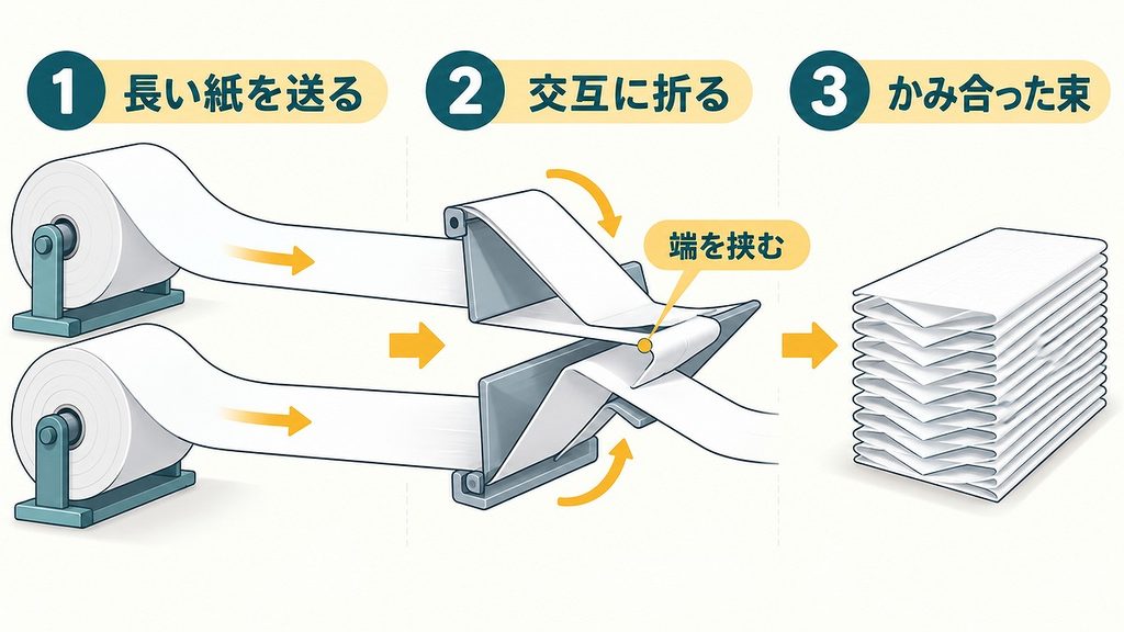 二本の長い紙を折り板で交互に折り、端を挟みながら積層体を作るインターフォルダーの工程