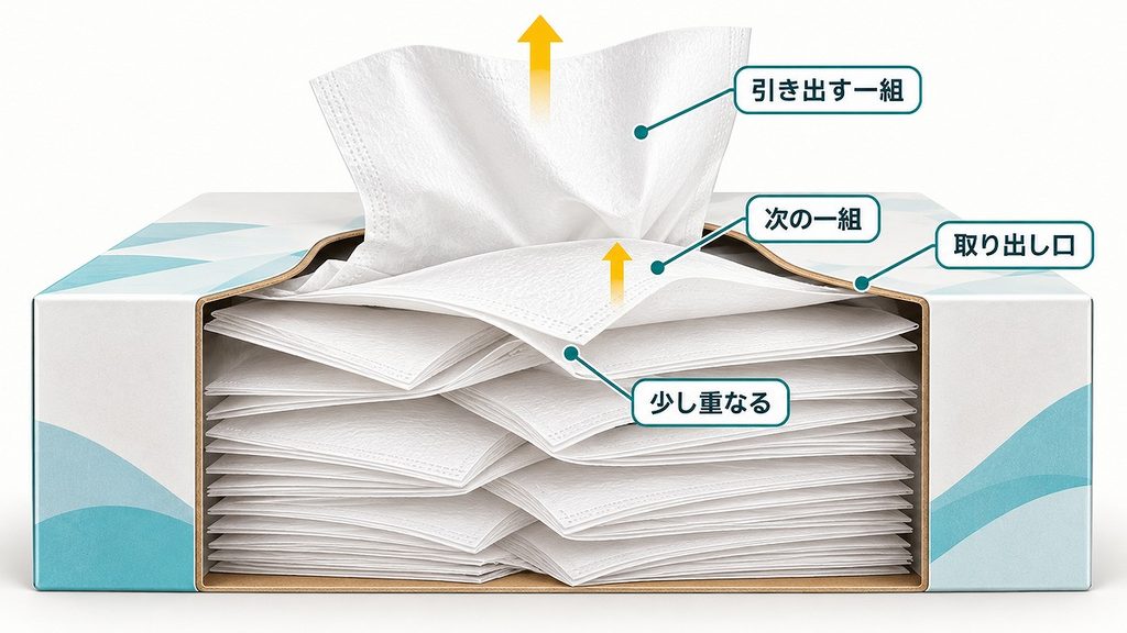 箱の中で交互に重なったティッシュが、上の一組に引かれて次の端を取り出し口へ運ぶ仕組み